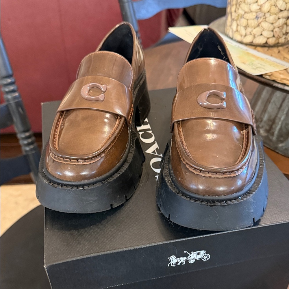 Coach Tan Leather Slip-On Loafers for woman.